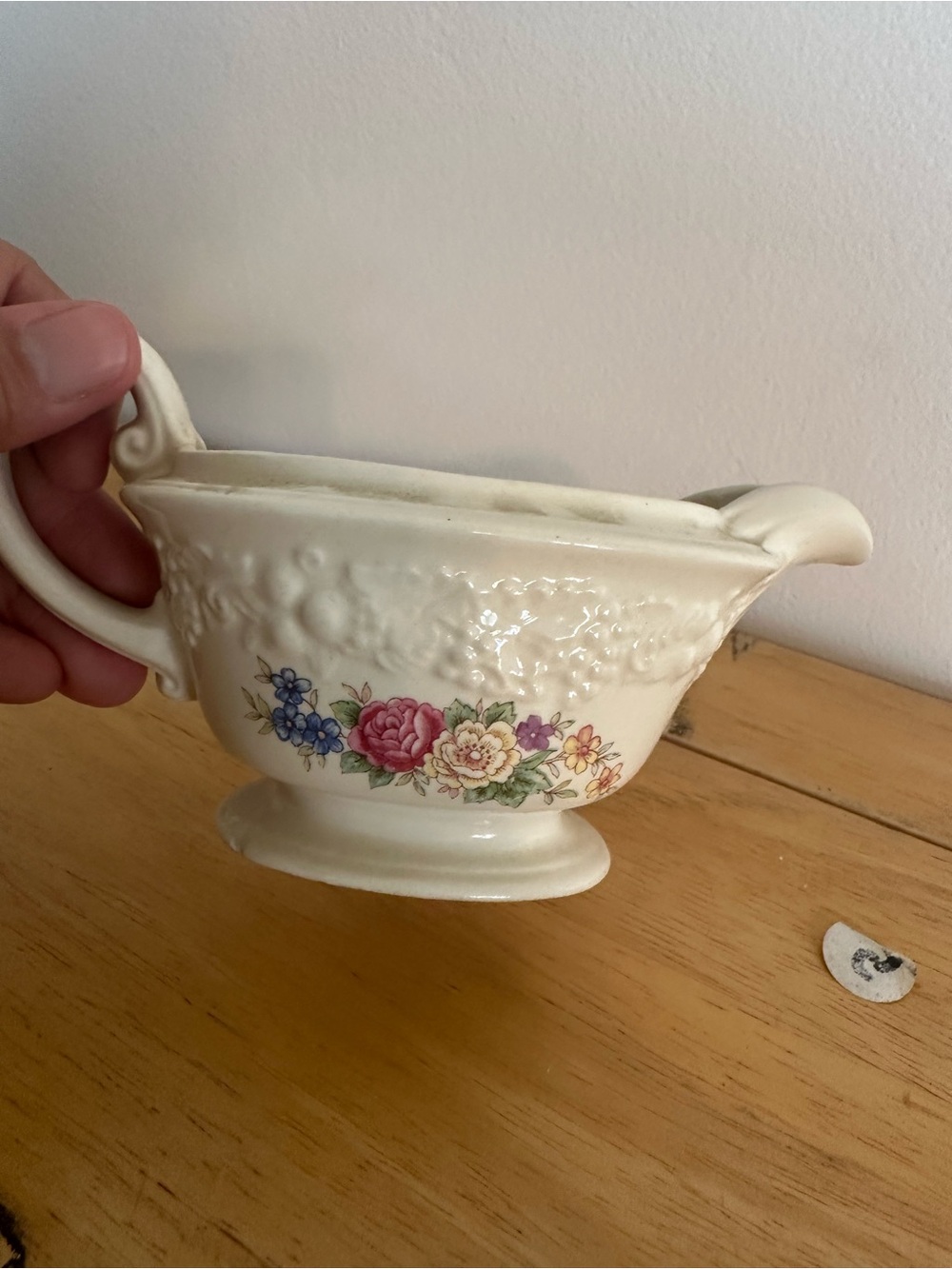 Vintage Homer laughl Cream Ceramic Gravy Boat with Multicolor Floral Motif